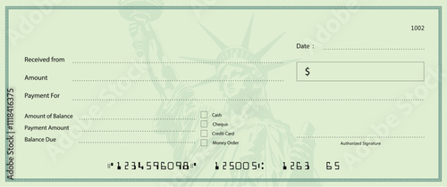 USA Blank bank check, checkbook cheque template, vector mockup. Statue of liberty Bank check voucher or pay cash cheque certificate, account bill paycheck