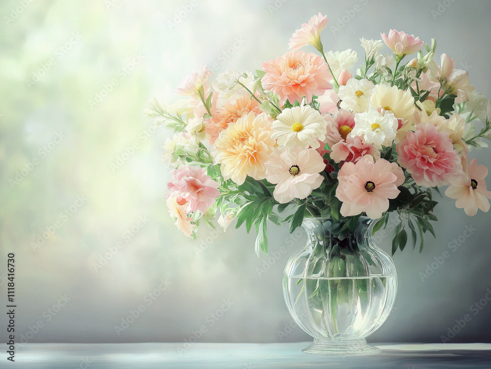 custom made wallpaper toronto digitalSoft pastel flower arrangement in glass minimalist vase on light grey background