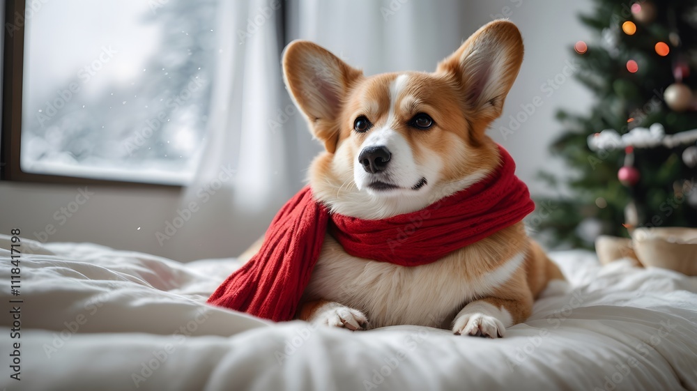 Corgi dog in red scarf laying on bed with blur Christmas tree background, copy space Corgi dog in red scarf laying on bed with blur Christmas tree background, copy space