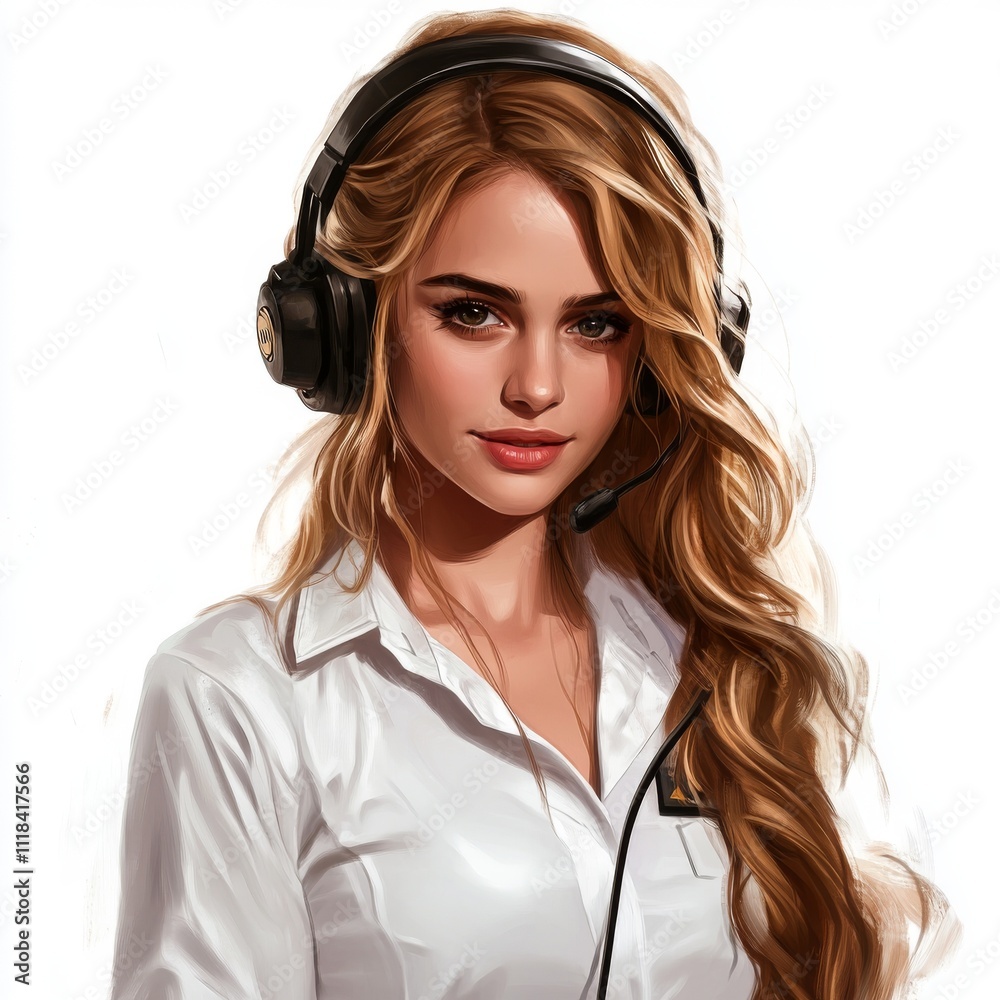 A young Caucasian woman with long blonde hair wearing a headset, exuding a professional and friendly demeanor.
