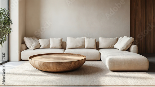 Luxury Minimalist Living Room Design with Beige Fabric Corner Sofa and Wooden Accent Coffee Table
