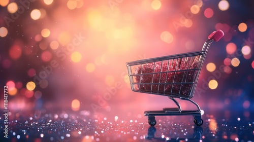 A shopping cart filled with sparkling items against a colorful backdrop.