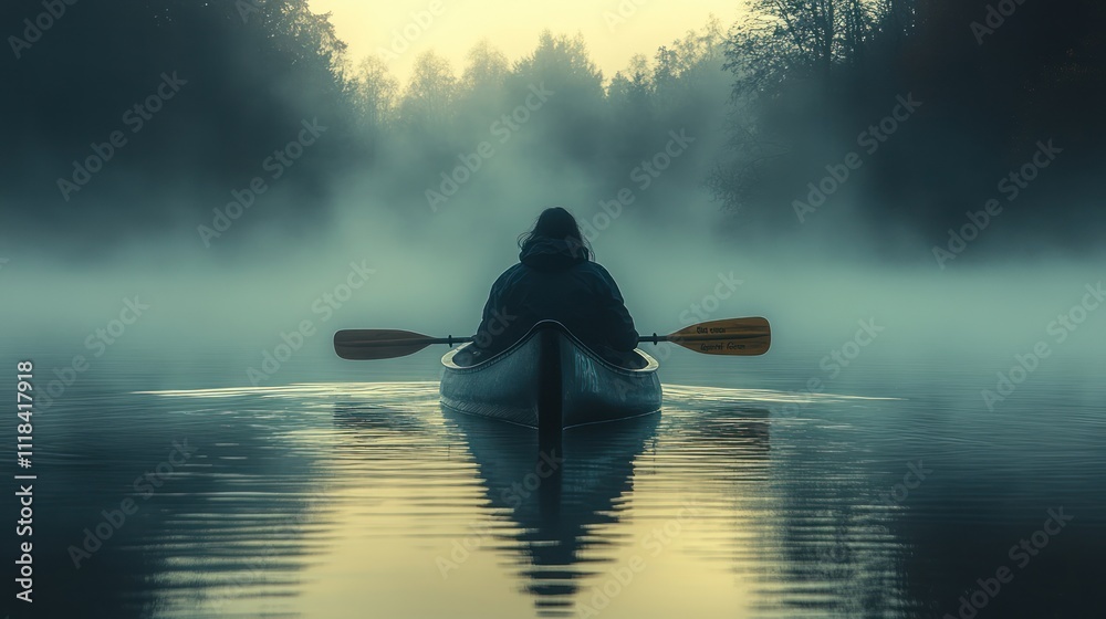 Solo kayaker paddling on a foggy lake at sunrise. Solo kayaker paddling on a foggy lake at sunrise.