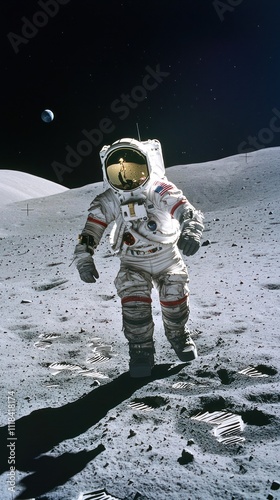 Lunar excursion with astronaut in gleaming suit.