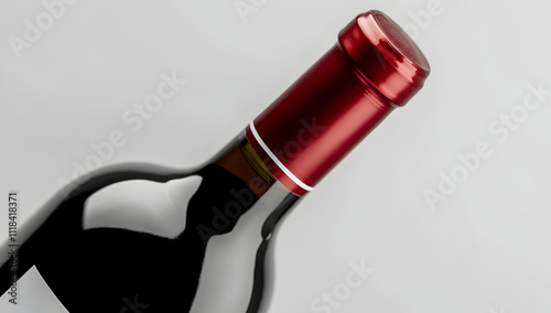 Red wine bottle mockup with a blank white label on a light gray background photo