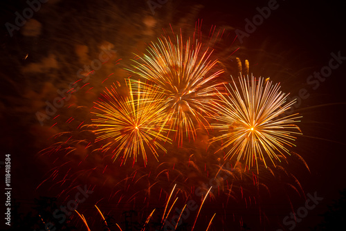 Red orange bright sparks of fireworks on the black sky