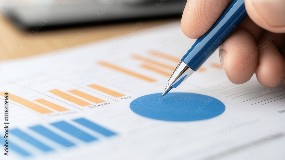 Hand Holding Pen Over Business Reports with Graphs and Charts Hand Holding Pen Over Business Reports with Graphs and Charts