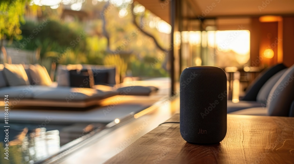 Smart speaker on wooden table by pool, luxury home background. Smart speaker on wooden table by pool, luxury home background.