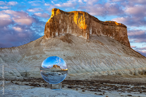Mangistau, Bozzhyra. View in lensball. Mountains in the desert. Inverted reflection in glass in the sun. The world inside out