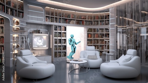 Futuristic Robot In A Modern Library Lounge photo