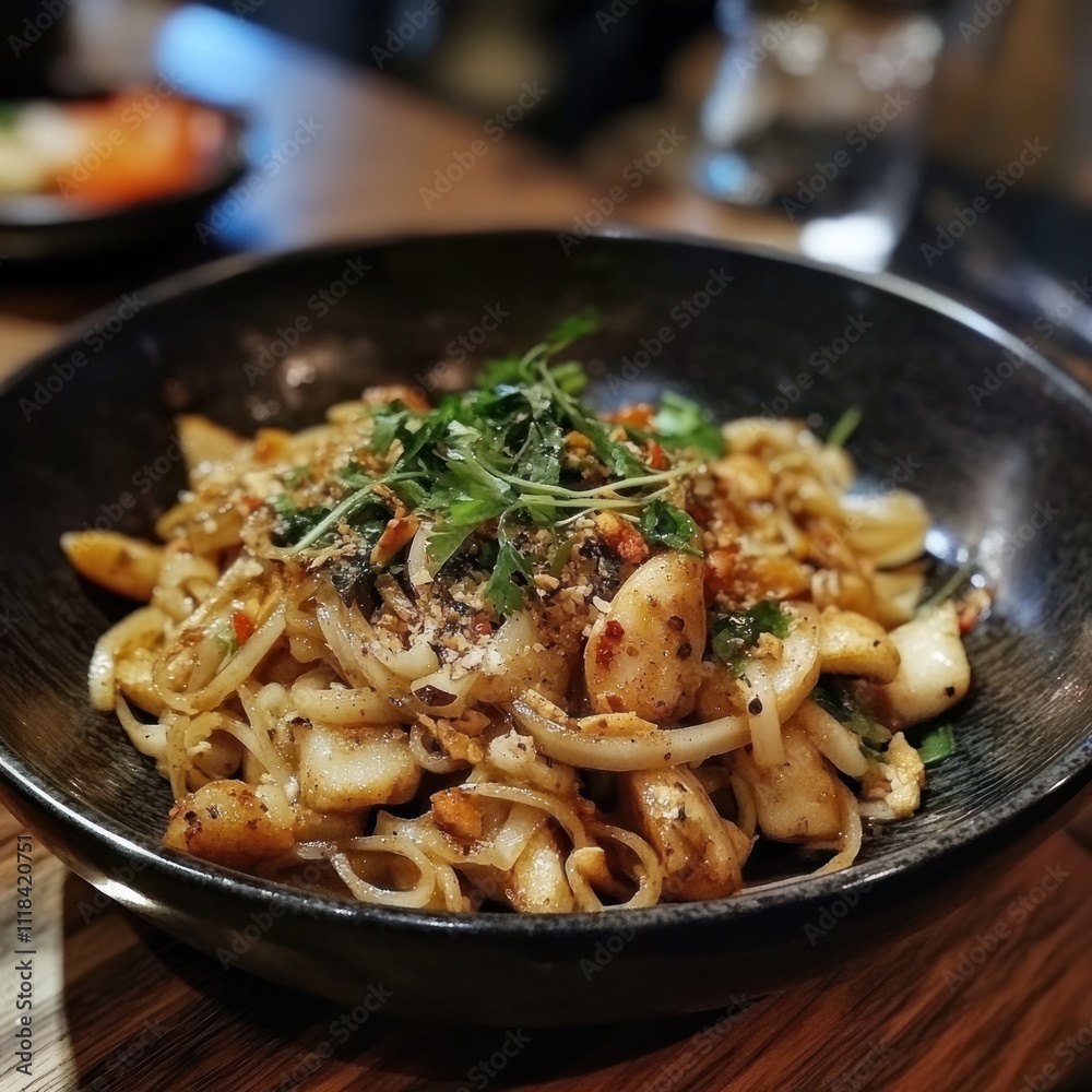 A bowl of stir-fried noodles with vegetables and herbs, served in a black dish. A bowl of stir-fried noodles with vegetables and herbs, served in a black dish.