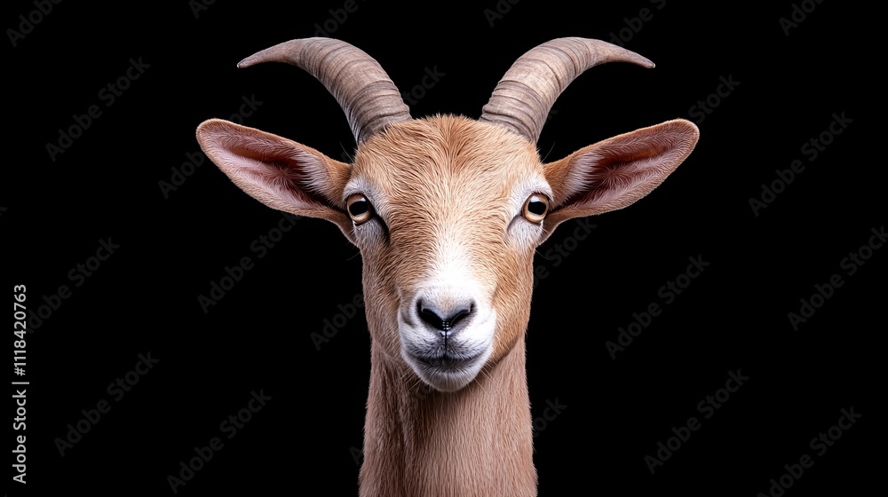 Goat Portrait: A captivating portrait of a goat with large, expressive eyes, captured against a dark background. The animal's gentle gaze and unique features create a sense of curiosity and wonder. 