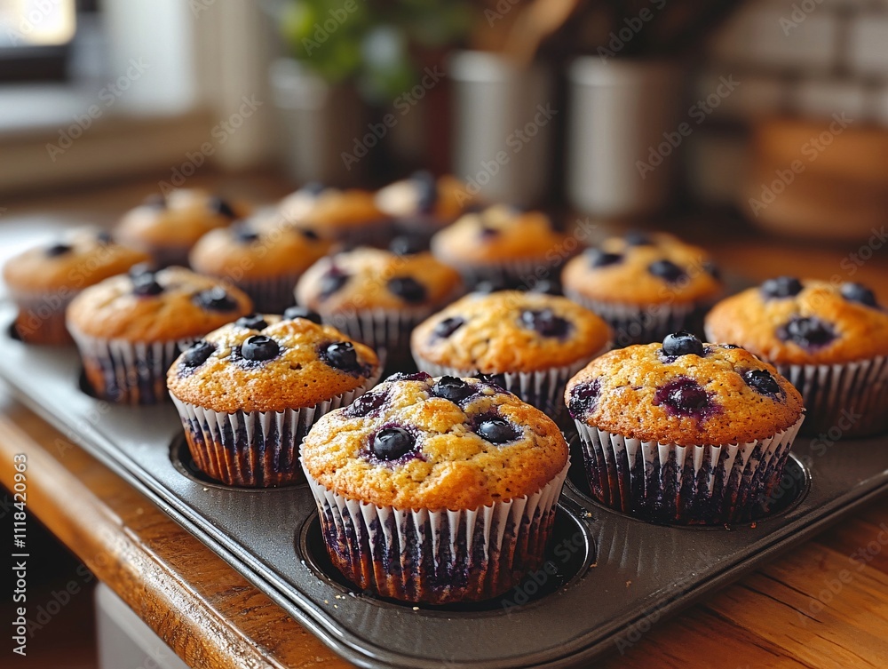 Freshly baked blueberry muffins arranged in a tray, showcasing golden tops and blue berries, perfect for a delightful snack or breakfast treat.