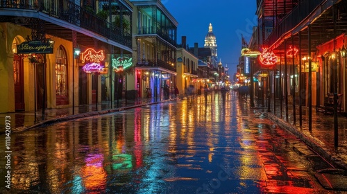 Rain Reflects Neon Lights On New Orleans Street