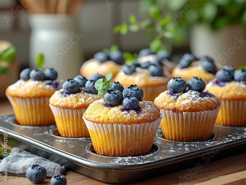 Freshly baked blueberry muffins topped with plump blueberries and mint leaves, served in a rustic kitchen setting. photo