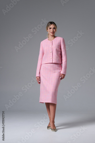 Fashion shooting in studio . Professional model , fashionable clothes and style, new collection. stylish look.