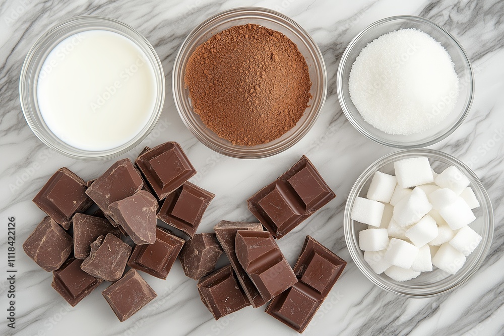 This image displays ingredients for making hot chocolate from scratch, including milk, cocoa powder, sugar, and chocolate. Perfect for delicious drinks anytime! This image displays ingredients for making hot chocolate from scratch, including milk, cocoa powder, sugar, and chocolate. Perfect for delicious drinks anytime!