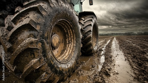 Rugged Tractor Tire Navigating Muddy Plowed Field Showcasing Durability and Earthy Textures