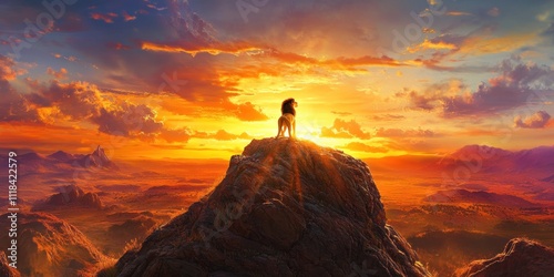 Majestic lion silhouetted against a vibrant sunset, overlooking a vast, mountainous landscape.