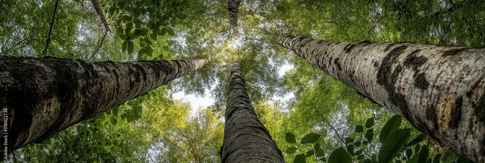 Fototapeta premium Looking up at three tall trees in a lush green forest. Sunlight filters through the leaves.