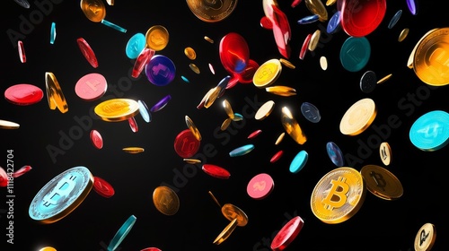 Colorful cryptocurrency coins falling on black background. (1)