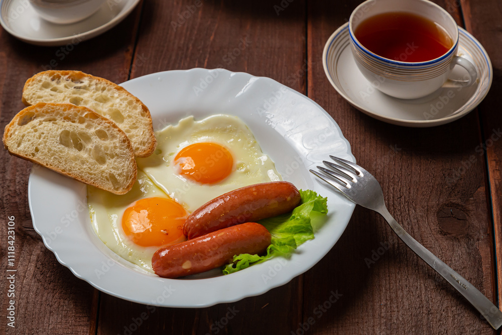 Breakfast fried eggs with sausages white bread and tea in a cup on a wooden table. Horizontal photo. Breakfast fried eggs with sausages white bread and tea in a cup on a wooden table. Horizontal photo.