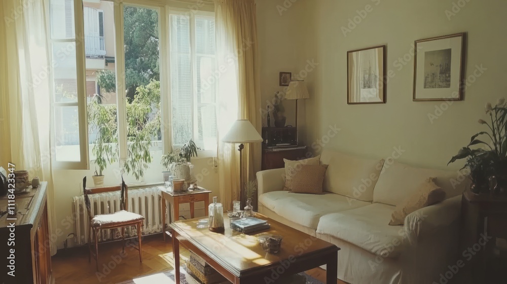 Sunlit Living Room With Comfortable Sofa and Plants Sunlit Living Room With Comfortable Sofa and Plants