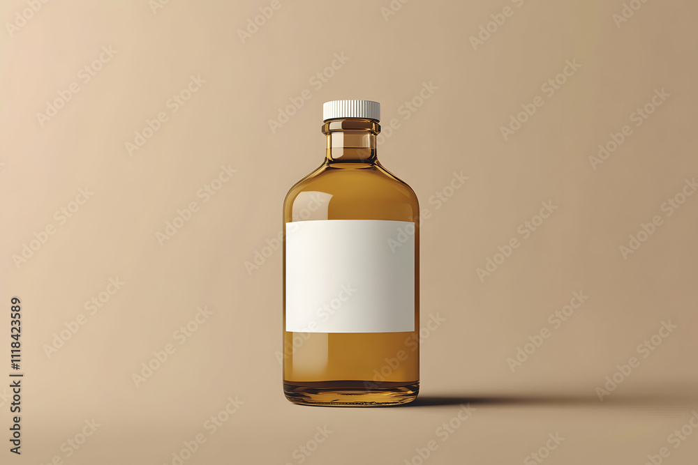 A blank white label on an amber glass bottle mockup, placed against a soft brown background A blank white label on an amber glass bottle mockup, placed against a soft brown background