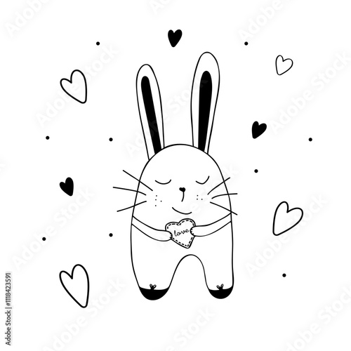 A simple vector illustration for Valentine's Day. Rabbit in love. A hare with a heart in his hand. Hand-drawn doodles. Black, white colors. Template for postcards, greetings, prints, covers, etc.