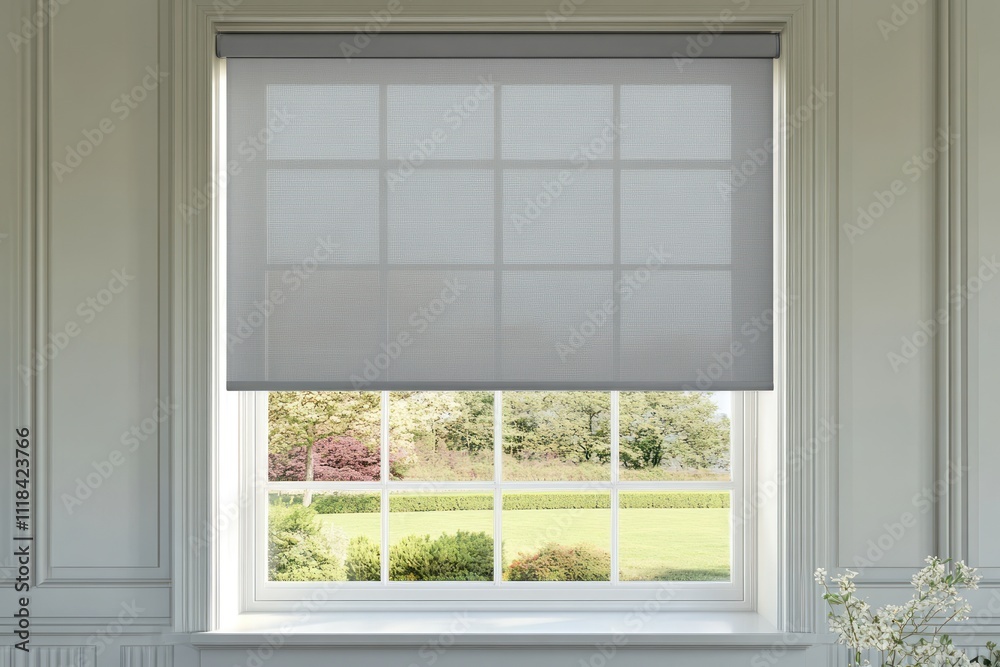 Fototapeta premium Grey roller shade installed in a window overlooking a garden.