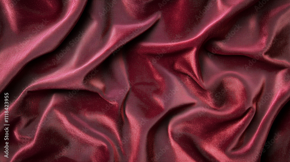 Luxurious folds of shimmering burgundy silk fabric with soft highlights and rich texture Luxurious folds of shimmering burgundy silk fabric with soft highlights and rich texture