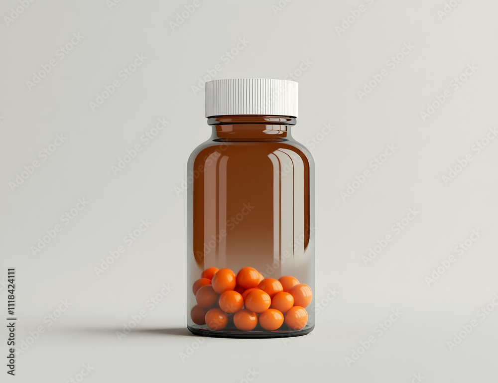 3D render of a brown glass bottle with a white cap and orange pills inside, isolated on a light grey background 3D render of a brown glass bottle with a white cap and orange pills inside, isolated on a light grey background
