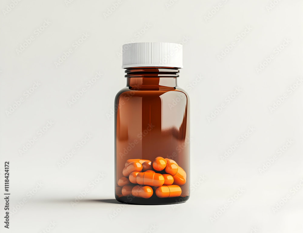 3D render of a brown glass bottle with a white cap and orange pills inside, isolated on a light grey background 3D render of a brown glass bottle with a white cap and orange pills inside, isolated on a light grey background