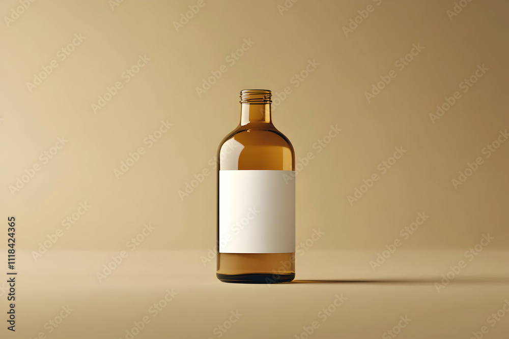 A blank white label on an amber glass bottle mockup A blank white label on an amber glass bottle mockup