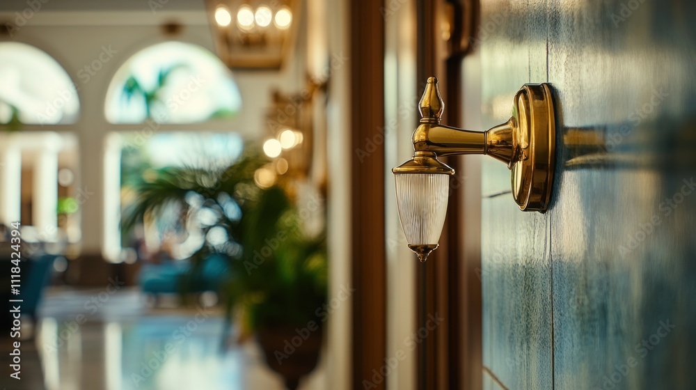 Obraz premium Elegant Gold Wall Lamp In Luxurious Hotel Lobby