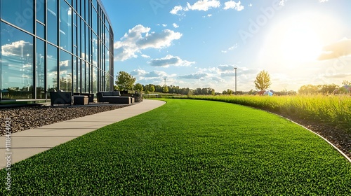 Modern office building with a green artificial lawn and patio furniture.  Ideal for corporate, real estate, or architecture.