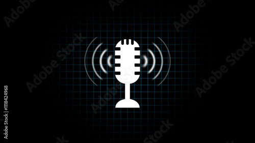 the voice recording and podcast mic microphone button icon animation video. Audio microphone icon animation in a black background photo