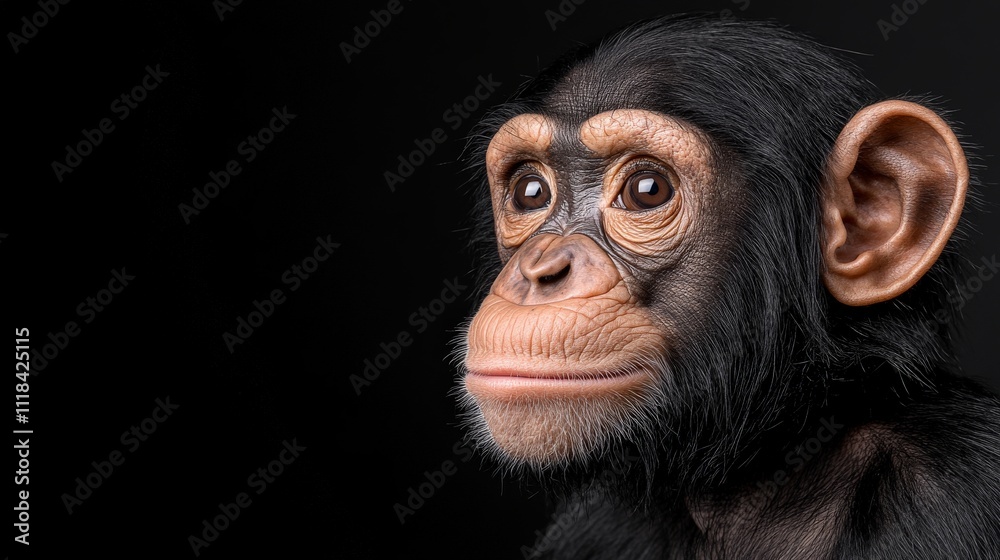 Chimpanzee Portrait: A close-up portrait of a young chimpanzee, capturing its inquisitive gaze and expressive features against a dark background. The image evokes a sense of wonder, curiosity. Chimpanzee Portrait: A close-up portrait of a young chimpanzee, capturing its inquisitive gaze and expressive features against a dark background. The image evokes a sense of wonder, curiosity.
