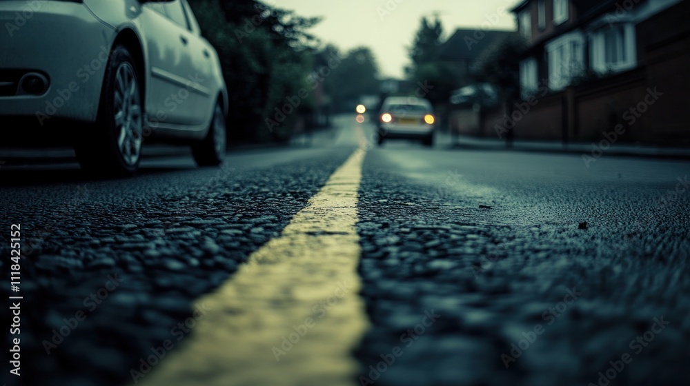 Wet Road Surface Yellow Line Cars Suburban Setting Wet Road Surface Yellow Line Cars Suburban Setting