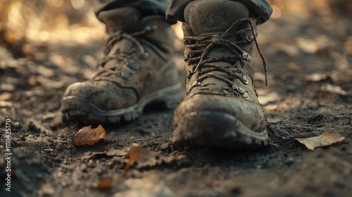 Mud Covered Hiking Boots In Autumn Woods