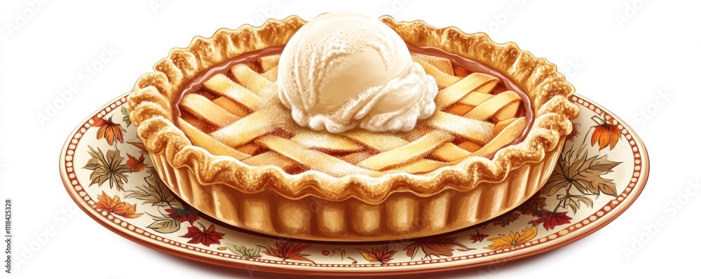 A delicious apple pie topped with vanilla ice cream on a decorative plate. A delicious apple pie topped with vanilla ice cream on a decorative plate.