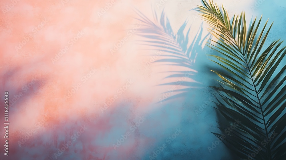 Tropical Palm Leaf Shadow on Pastel Wall Background Tropical Palm Leaf Shadow on Pastel Wall Background
