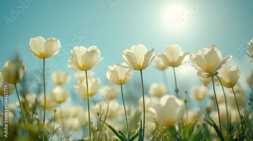 White Tulips Bloom Brightly Under A Summer Sky
