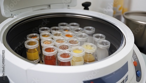 Centrifuge machine containing small vials in a lab setting focused on food research for analysis and experimentation in the science of nutrition and food safety. photo