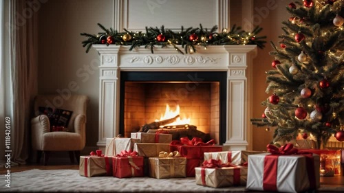 a cozy Christmas scene with a decorated Christmas tree, wrapped presents, a lit fireplace, and a festive mantel.