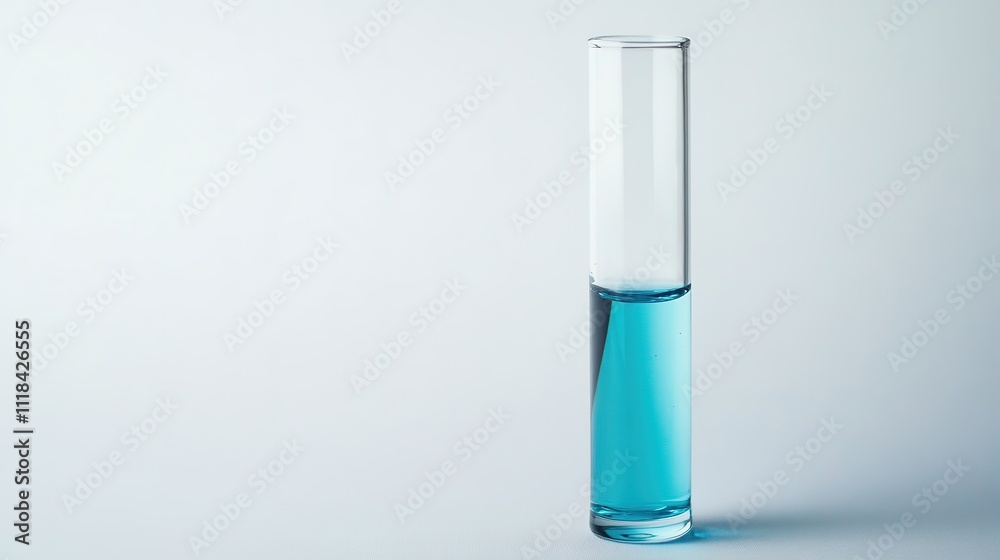 Blue liquid in clear test tube on light background. Blue liquid in clear test tube on light background.