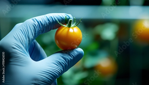 Close-up of a gloved hand examining a genetically modified specimen, highlighting the intricate details of food research and innovation in agriculture. photo