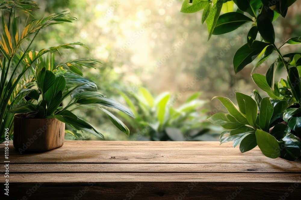 A serene wooden table surrounded by lush greenery, creating a peaceful natural atmosphere. A serene wooden table surrounded by lush greenery, creating a peaceful natural atmosphere.