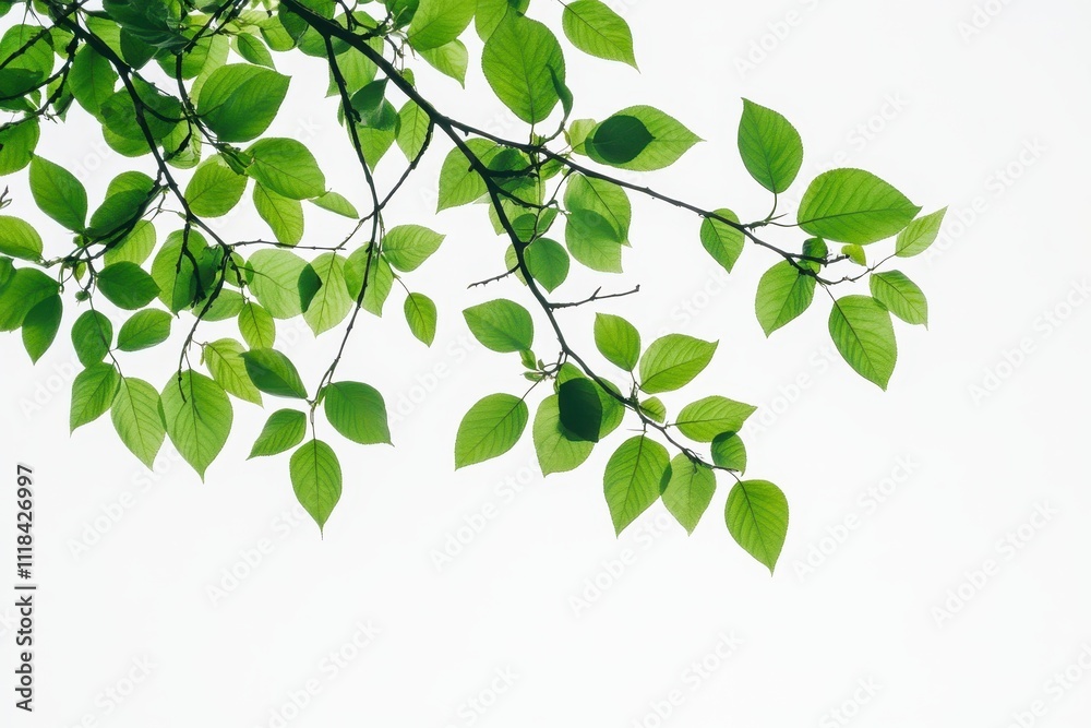 A branch with vibrant green leaves against a light background. A branch with vibrant green leaves against a light background.