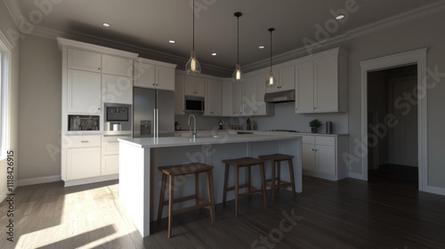 Modern White Kitchen Island with Wooden Stools